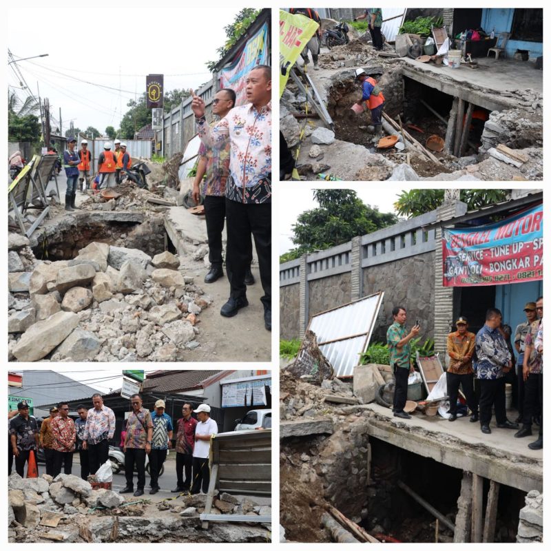 Wali Kota Bekasi, Tri Adhianto, melakukan inspeksi mendadak (sidak) ke lokasi jalan ambles di Jalan Raya Cikunir, Kelurahan Jakamulya, Kecamatan Bekasi Selatan,